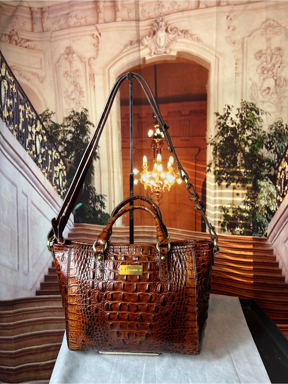 Brahmin Mini Asher Brown Pecan Croc-Embossed Leather Satchel with Strap ππΉ - Picture 13 of 17